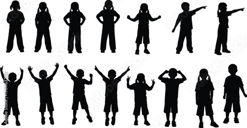 Silhouetted children and young individuals in diverse standing poses, showcasing gestures, casual stances, body language, and expressive movement on white background