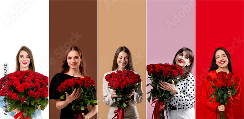 Attractive women with bouquets of roses on colorful backgrounds. Collection of portraits