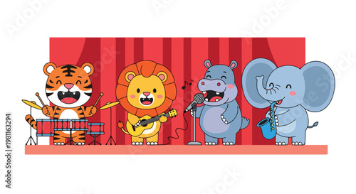 Flat style illustration of baby animals playing musical instruments on stage, perfect for kids entertainment themes, performance art, and nursery decor designs