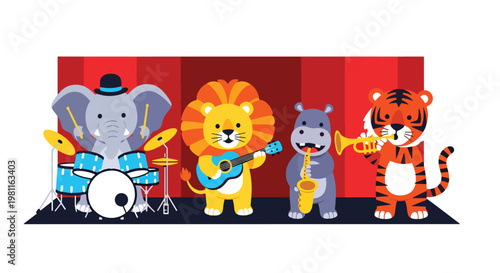 Flat style illustration of baby animals playing musical instruments on stage, perfect for kids entertainment themes, performance art, and nursery decor designs