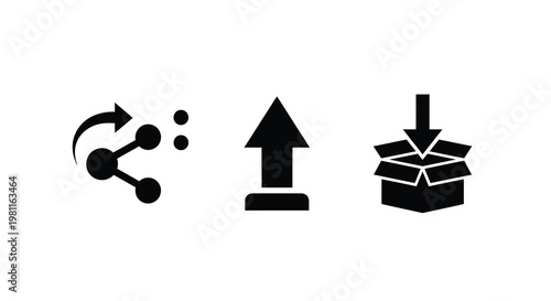 Three black icons representing connection upload and package delivery silhouette