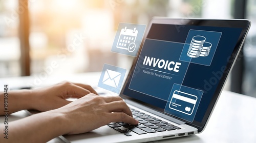 Businessman managing digital invoices and financial billing on office laptop