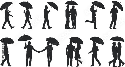 Silhouetted figures holding umbrellas in various poses, symbolizing rainy weather, human interaction, companionship, romance, and everyday life scenes with expressive movement