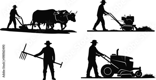 Silhouetted farmers using traditional and modern tools, showcasing agriculture evolution, plowing, mechanized equipment, and rural lifestyle activities on white background
