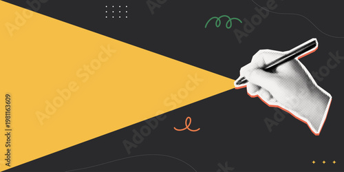 Trendy halftone collage of person hand holding pen with yellow triangle spotlight on dark background with copy space, flat design concept for creative writing, content creation, and presentation.