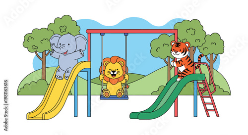 Flat style illustration of baby animals playing in playground with slides and swings, ideal for kids outdoor themes, nursery decor, and playful illustration designs