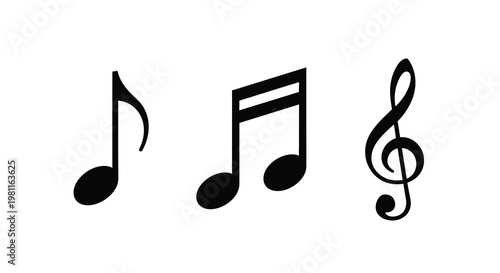 Three musical notes in a stark black design silhouette