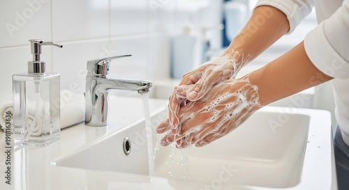 Person washing hands thoroughly with soap and water in a clean bathroom sink.