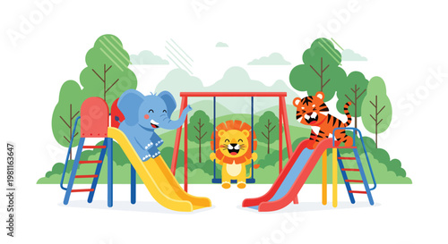 Flat style illustration of baby animals playing in playground with slides and swings, ideal for kids outdoor themes, nursery decor, and playful illustration designs