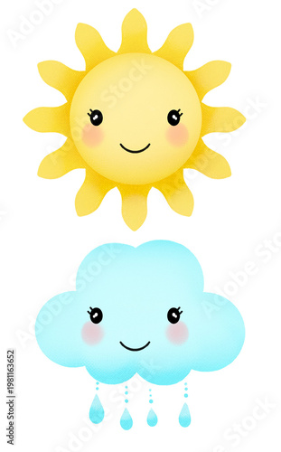 Cute sun and rain cloud set, kawaii weather characters pastel illustration