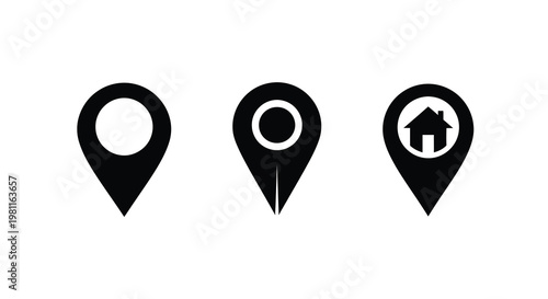Three black location pin icons with varying central designs silhouette