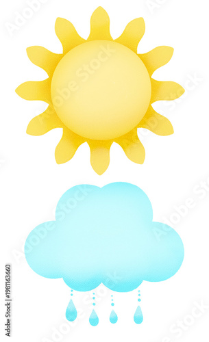 sun and cloud, pastel sun and rain cloud set weather illustration