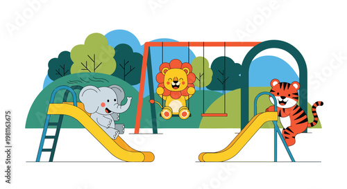 Flat style illustration of baby animals playing in playground with slides and swings, ideal for kids outdoor themes, nursery decor, and playful illustration designs