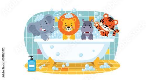 Flat style illustration of baby animals taking bath with bubbles in bathroom, perfect for hygiene themes, kids products, and playful nursery illustration designs