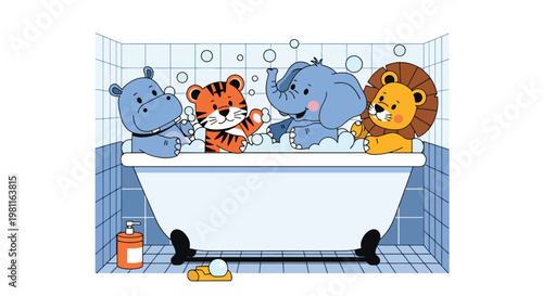 Flat style illustration of baby animals taking bath with bubbles in bathroom, perfect for hygiene themes, kids products, and playful nursery illustration designs