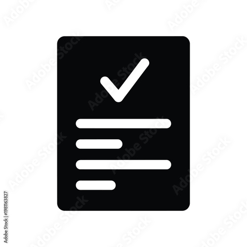 Minimalist black checklist icon with white checkmark on dark background for business and finance