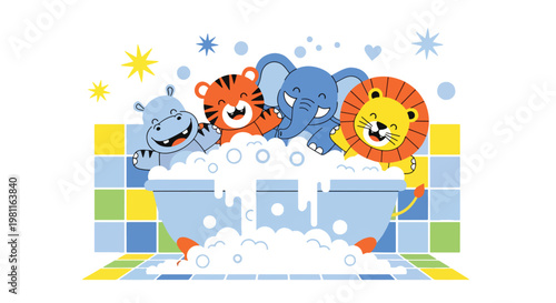 Flat style illustration of baby animals taking bath with bubbles in bathroom, perfect for hygiene themes, kids products, and playful nursery illustration designs