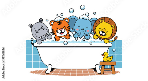 Flat style illustration of baby animals taking bath with bubbles in bathroom, perfect for hygiene themes, kids products, and playful nursery illustration designs
