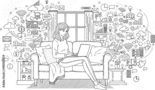 Young Woman Freelancer Working on Laptop From Home Sofa Surrounded by Surreal Network of Digital Marketing Business Communication and Cloud Computing Icons in Minimal Line Art Style.
