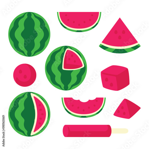 Set of Fresh Watermelon Vector Illustrations with Various Slices and Shapes in Flat Design Style for Summer Elements
