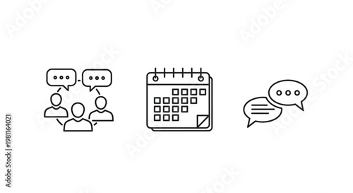 Communication scheduling and conversation icons in a simple outline silhouette