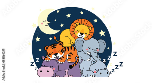 Flat style illustration of baby animals sleeping under moon and stars, ideal for bedtime stories, nursery decor, and calming kids illustration themes