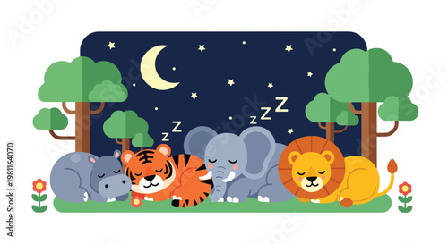 Flat style illustration of baby animals sleeping under moon and stars, ideal for bedtime stories, nursery decor, and calming kids illustration themes