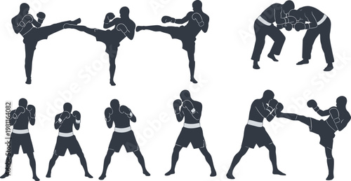 Silhouetted martial artists performing Muay Thai and kickboxing techniques, showcasing dynamic fighting stances, punches, high kicks, clinches, and combat training movements