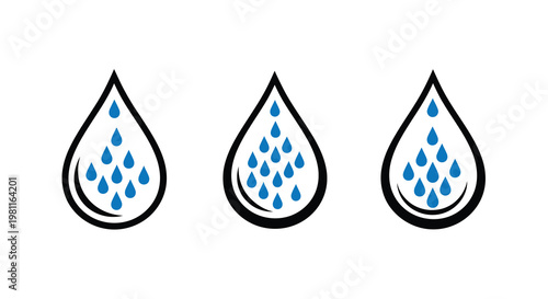 Three raindrop icons with water droplets a graphic silhouette