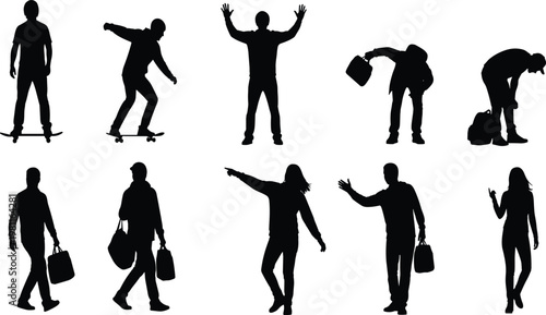 Silhouetted people in diverse everyday poses, including walking, standing, carrying bags, and skateboarding, symbolizing lifestyle, urban activity, and expressive human movement