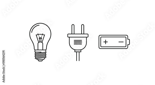 Energy sources depicted as a lightbulb plug and battery silhouette