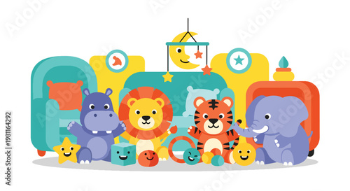 Flat style illustration of baby animals in nursery room with toys, perfect for baby products, interior decor, and soft kids themed illustrations