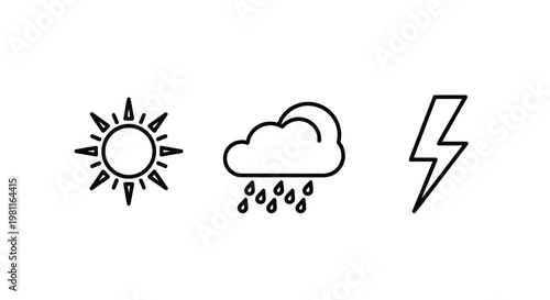 Simple weather icons depicting sun clouds and lightning silhouette