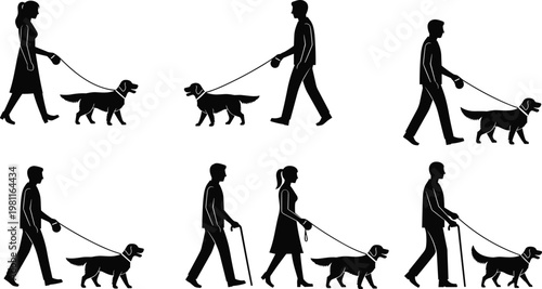 Silhouetted people walking dogs on leashes, representing companionship, lifestyle, exercise, pet care, and diverse ages with expressive poses on white background