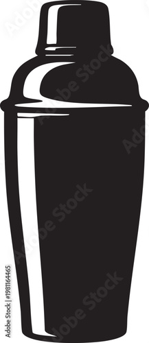A black and white illustration of a stainless steel cocktail shaker on a plain background for mixology and bartending purposes