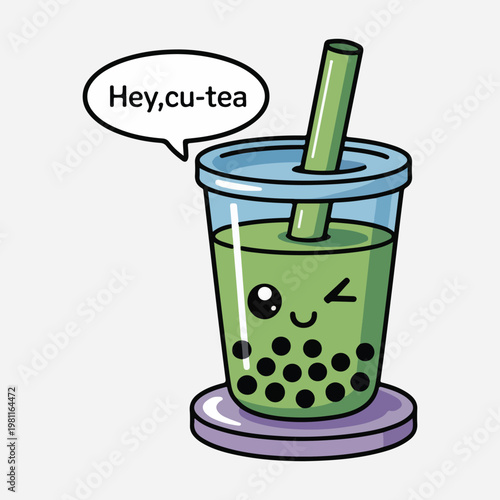Cartoon boba tea, green bubble drink, cute illustration, boba milk tea vector