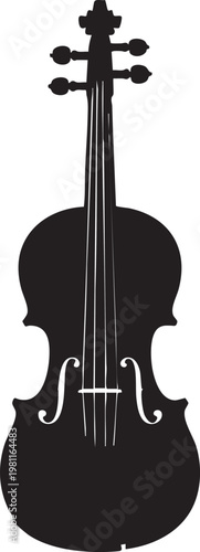 A black silhouette of a violin on a white background for music or artistic concepts