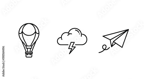 Minimalist line art of a hot air balloon cloud and paper airplane silhouette