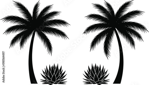 Minimalist Black Silhouette Vector Illustration of Tropical Palm Trees and Agave PlantsMinimalist Black Silhouette Vector Illustration of Tropical Palm Trees and Agave Plants