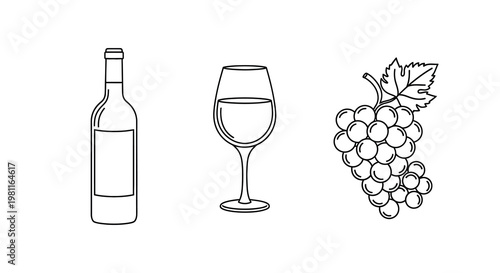 Wine bottle glass and grapes depicted in linear silhouette