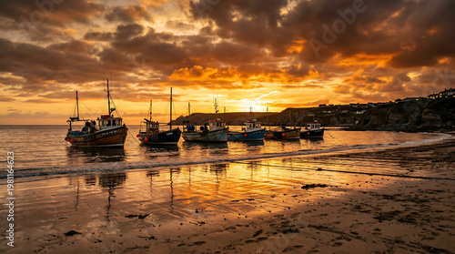 Fishing boats anchored near the beach during golden sunset with dramatic sky and reflections on wet sand.