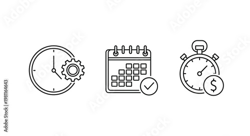 Time management icons featuring a clock calendar and stopwatch silhouette