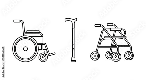 Assistive devices including a wheelchair walker and cane silhouette