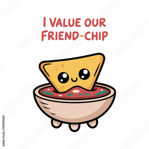 Cartoon nacho chip in bowl, friendly food illustration, snack vector, colorful emoticon