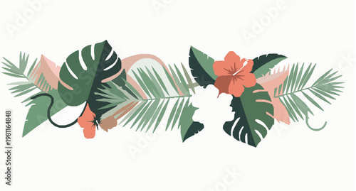 Modern abstract tropical leaves and flowers vector flat botanical illustration isolated on white background