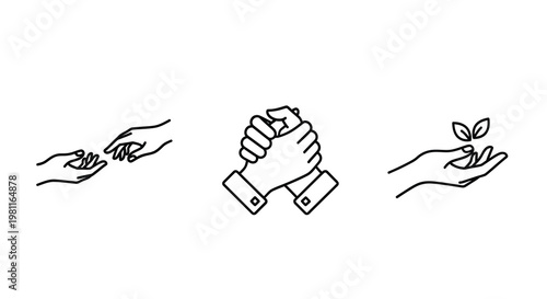 Hands in various gestures with a growing plant a simple silhouette