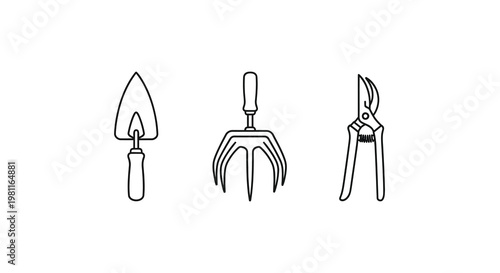 Gardening tools including a trowel cultivator and shears silhouette