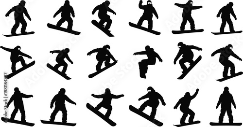 Snowboarder silhouette set with winter sports athletes snowboarding jumping and riding poses vector illustration icons isolated on white background for extreme mountain sport design