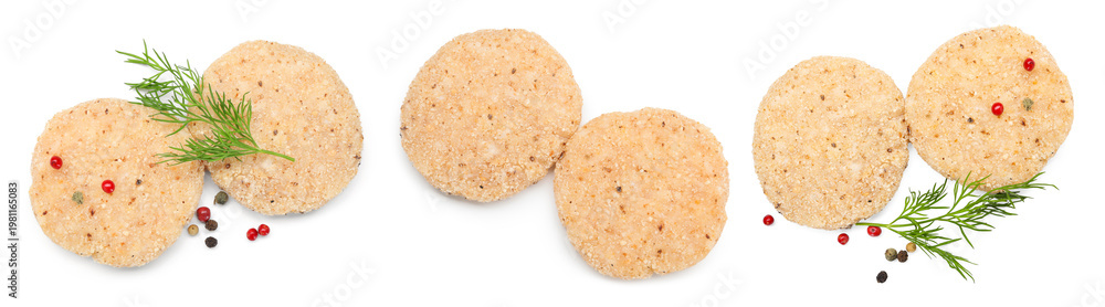 Naklejka premium Uncooked meat patties isolated on white, set. Top view