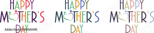 Colorful happy mothers day typography designs with heart and stick figures on white background